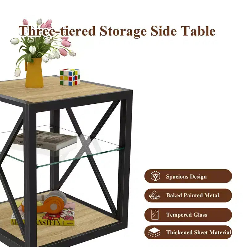 Set of 2 Modern End Tables with Drawer - Rustic Wood-Grain MDF and Tempered Glass Top Nightstands for Bedroom and Living Room