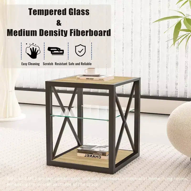 Set of 2 Modern End Tables with Drawer - Rustic Wood-Grain MDF and Tempered Glass Top Nightstands for Bedroom and Living Room