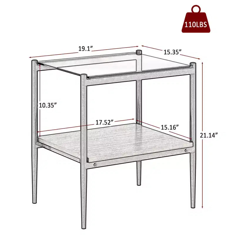 Set of 2 Modern End Tables with Drawer - Rustic Wood-Grain MDF and Tempered Glass Top Nightstands for Bedroom and Living Room
