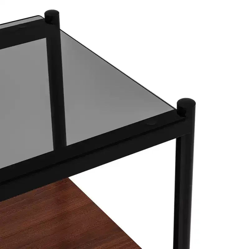 Set of 2 Modern End Tables with Drawer - Rustic Wood-Grain MDF and Tempered Glass Top Nightstands for Bedroom and Living Room