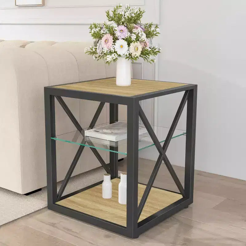 Set of 2 Modern End Tables with Drawer - Rustic Wood-Grain MDF and Tempered Glass Top Nightstands for Bedroom and Living Room
