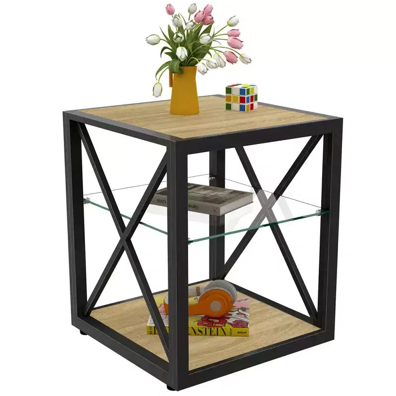 Set of 2 Modern End Tables with Drawer - Rustic Wood-Grain MDF and Tempered Glass Top Nightstands for Bedroom and Living Room