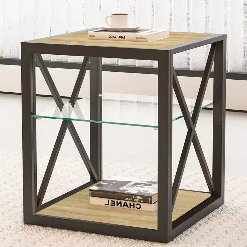 Set of 2 Modern End Tables with Drawer - Rustic Wood-Grain MDF and Tempered Glass Top Nightstands for Bedroom and Living Room
