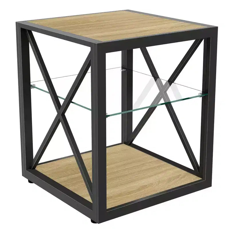 Set of 2 Modern End Tables with Drawer - Rustic Wood-Grain MDF and Tempered Glass Top Nightstands for Bedroom and Living Room