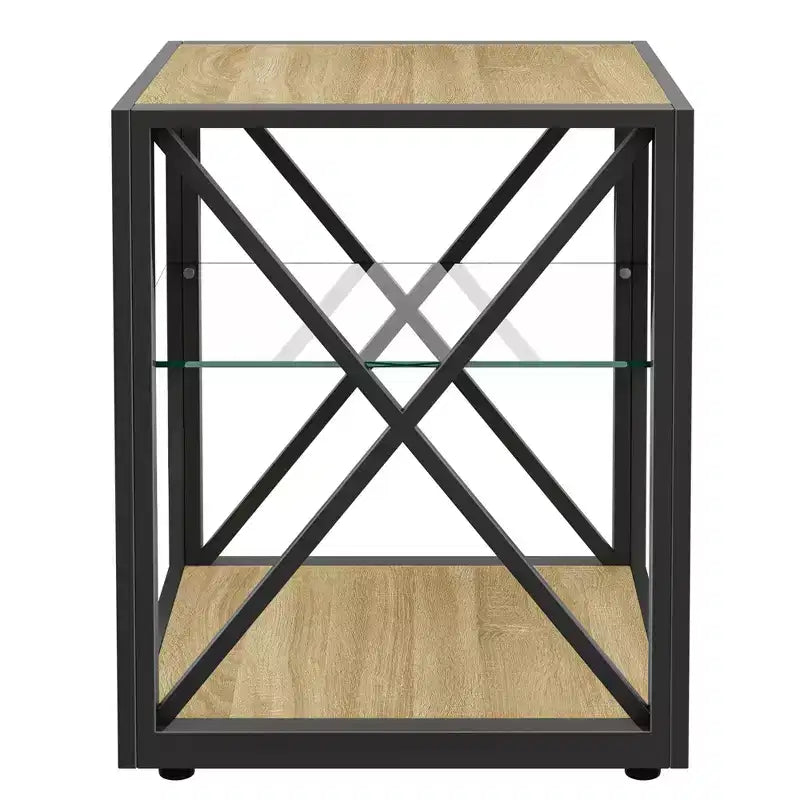 Set of 2 Modern End Tables with Drawer - Rustic Wood-Grain MDF and Tempered Glass Top Nightstands for Bedroom and Living Room