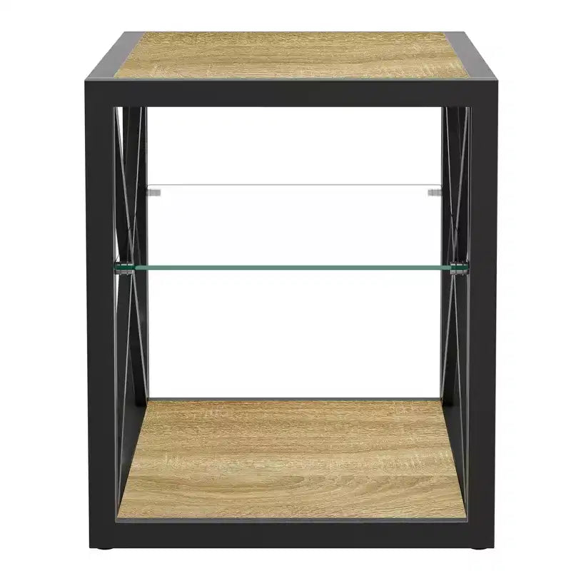 Set of 2 Modern End Tables with Drawer - Rustic Wood-Grain MDF and Tempered Glass Top Nightstands for Bedroom and Living Room