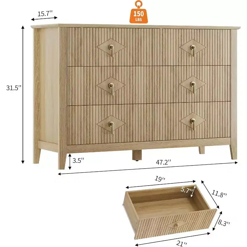 Acekool 47.2 6-Drawer Fluted Dresser, Modern Storage Chest for Bedroom, Living Room