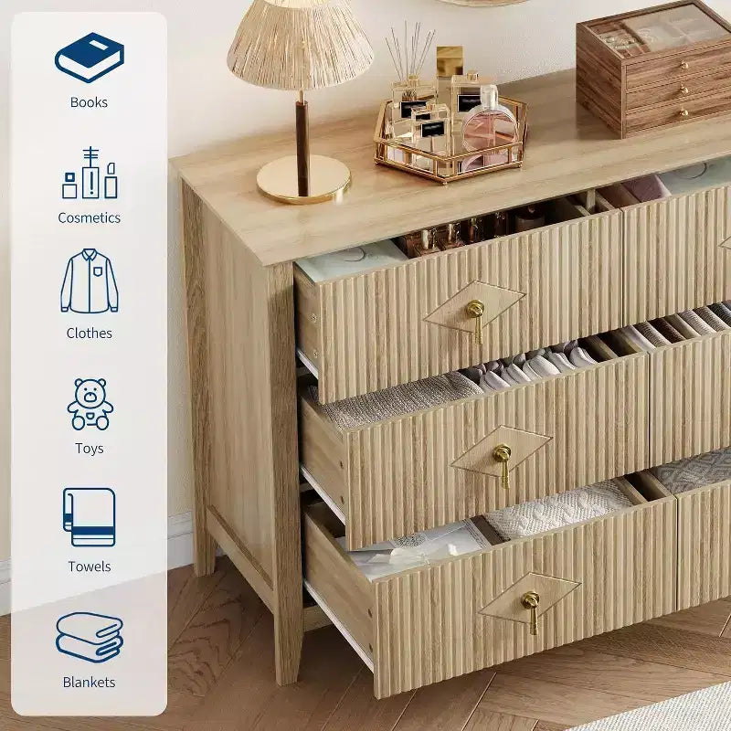 Acekool 47.2 6-Drawer Fluted Dresser, Modern Storage Chest for Bedroom, Living Room