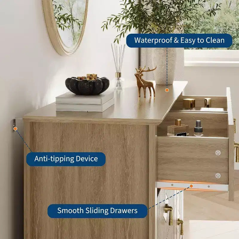 Acekool 47.2 6-Drawer Fluted Dresser, Modern Storage Chest for Bedroom, Living Room