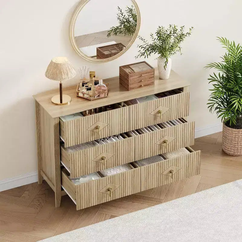 Acekool 47.2 6-Drawer Fluted Dresser, Modern Storage Chest for Bedroom, Living Room