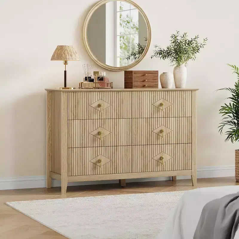 Acekool 47.2 6-Drawer Fluted Dresser, Modern Storage Chest for Bedroom, Living Room