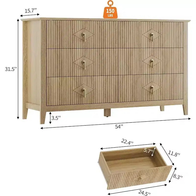 Acekool 54 6-Drawer Fluted Dresser, Modern Storage Chest, Closet or Hallway