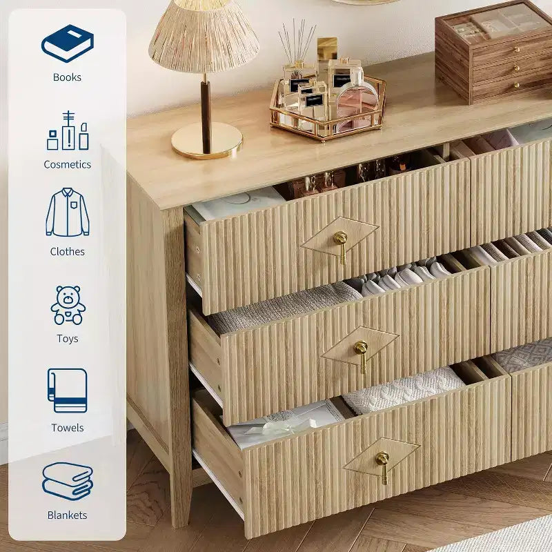 Acekool 54 6-Drawer Fluted Dresser, Modern Storage Chest, Closet or Hallway