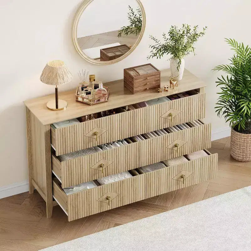 Acekool 54 6-Drawer Fluted Dresser, Modern Storage Chest, Closet or Hallway