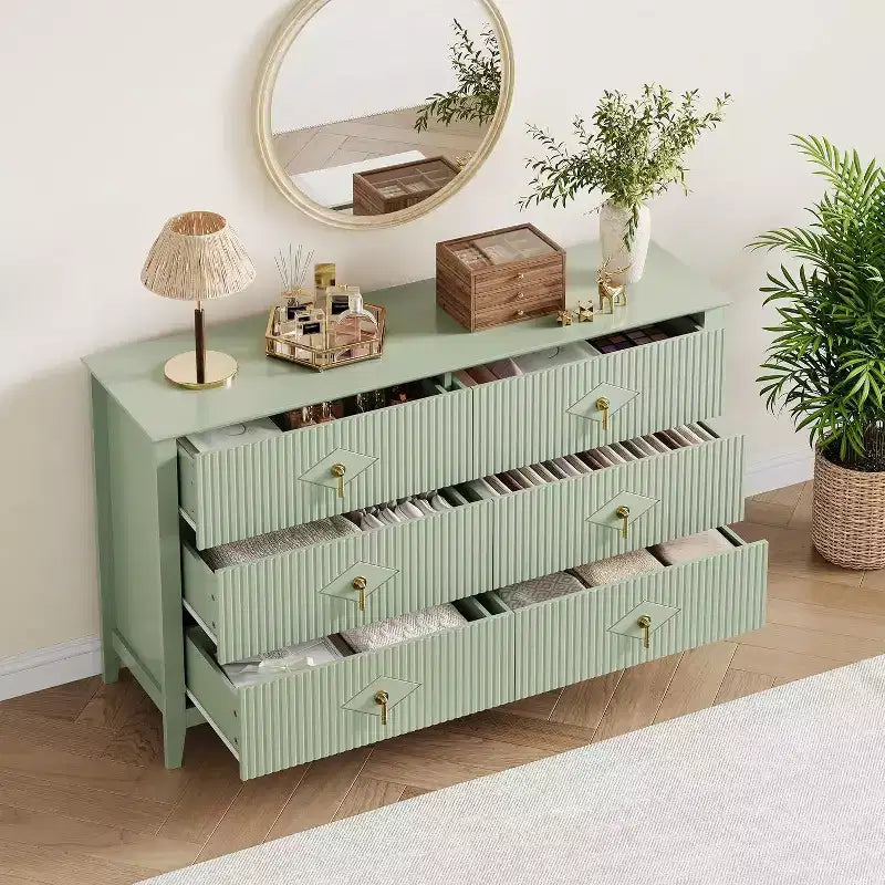 Acekool 54 6-Drawer Fluted Dresser, Modern Storage Chest, Closet or Hallway
