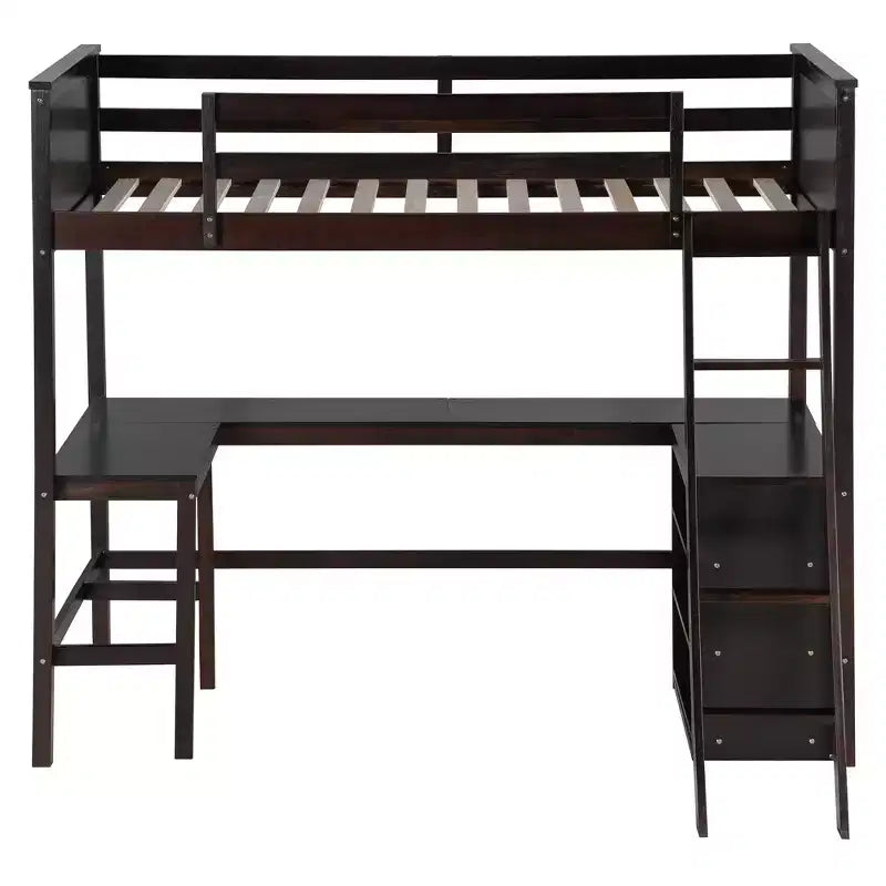High Twin size Loft Bed with Desk, Wooden Loft Bed Frame with Storage Shelves