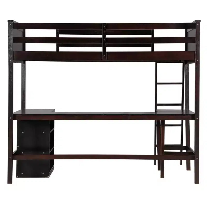High Twin size Loft Bed with Desk, Wooden Loft Bed Frame with Storage Shelves