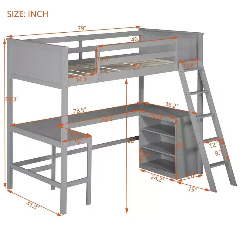 High Twin size Loft Bed with Desk, Wooden Loft Bed Frame with Storage Shelves