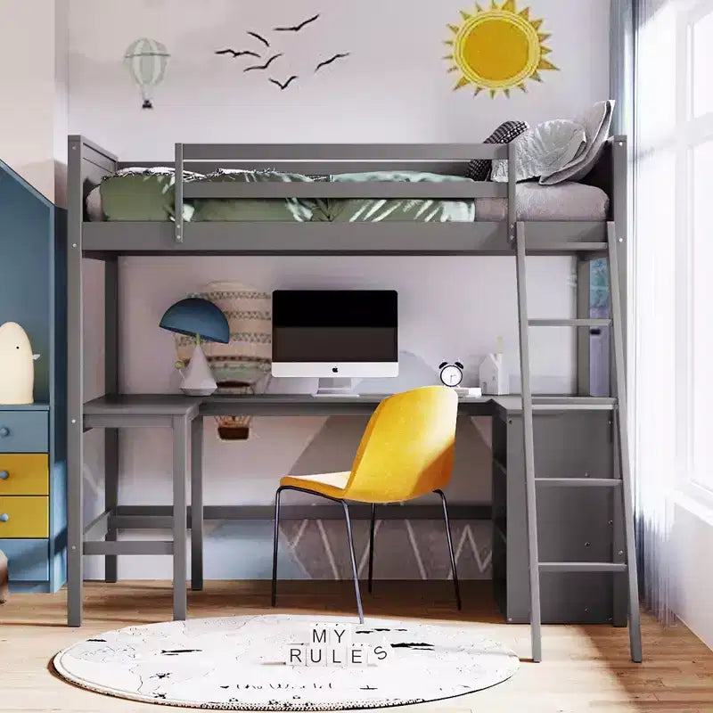 High Twin size Loft Bed with Desk, Wooden Loft Bed Frame with Storage Shelves