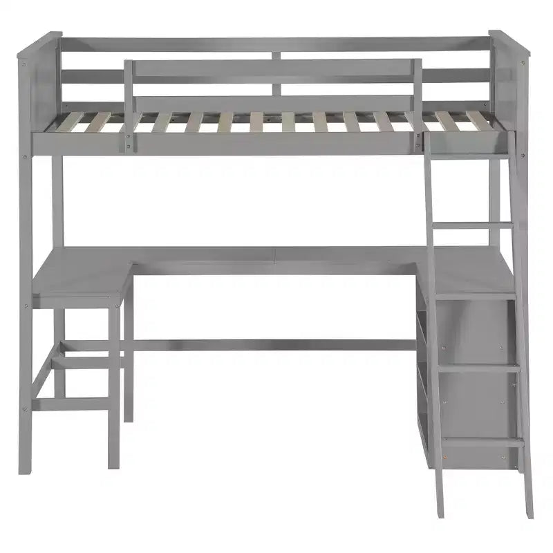 High Twin size Loft Bed with Desk, Wooden Loft Bed Frame with Storage Shelves