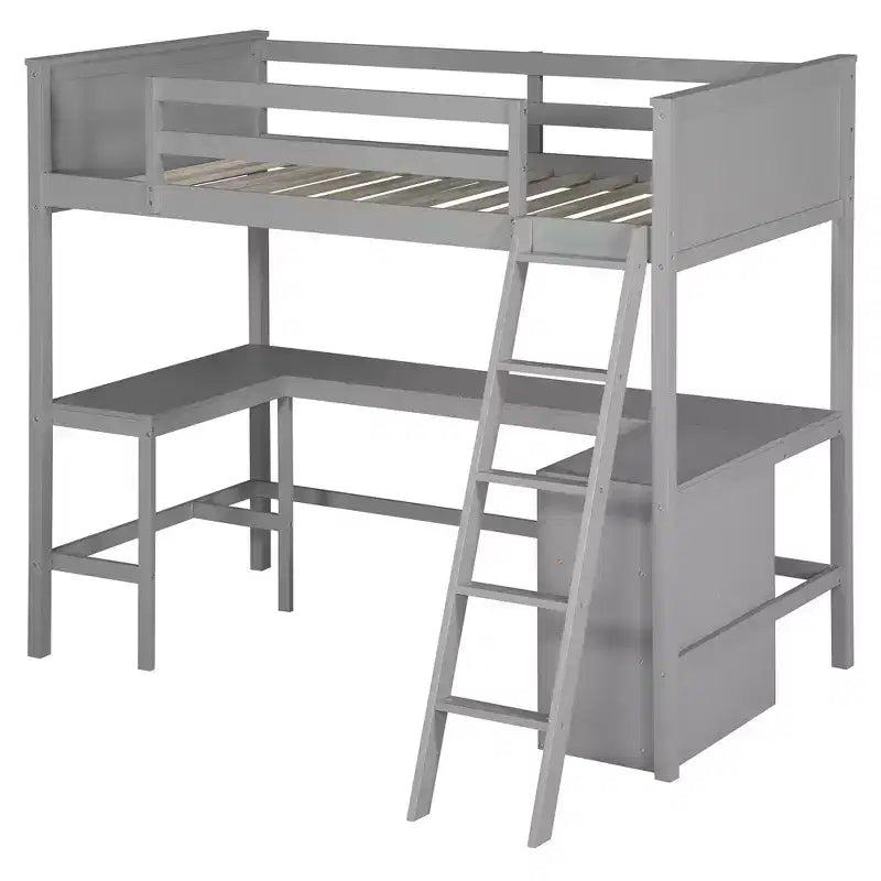 High Twin size Loft Bed with Desk, Wooden Loft Bed Frame with Storage Shelves