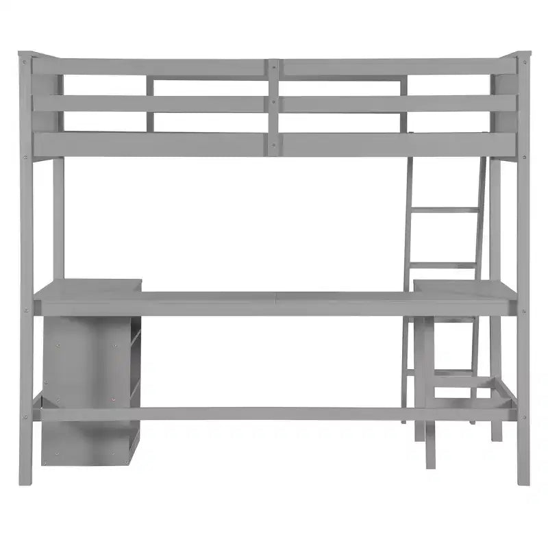 High Twin size Loft Bed with Desk, Wooden Loft Bed Frame with Storage Shelves