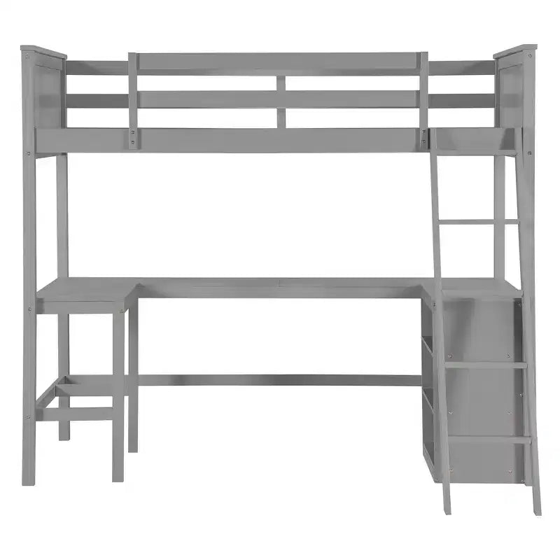 High Twin size Loft Bed with Desk, Wooden Loft Bed Frame with Storage Shelves