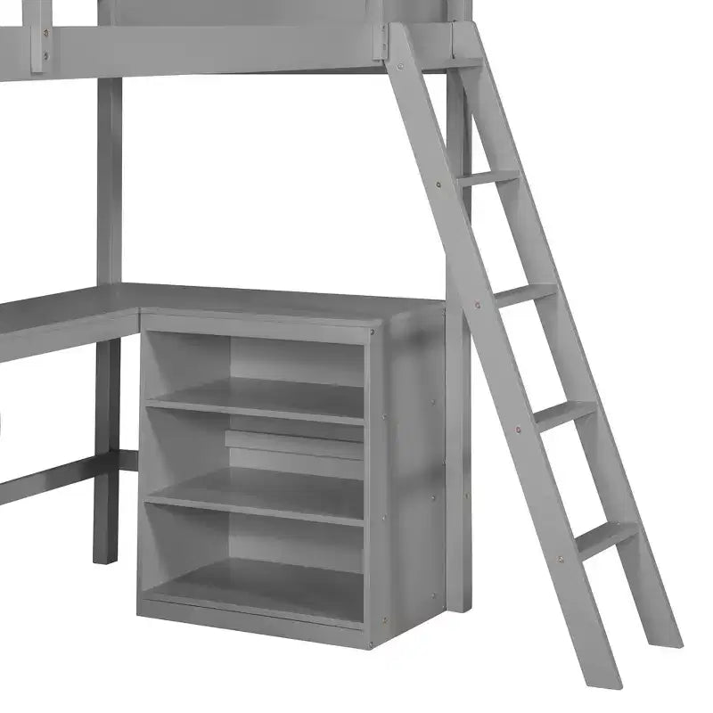 High Twin size Loft Bed with Desk, Wooden Loft Bed Frame with Storage Shelves