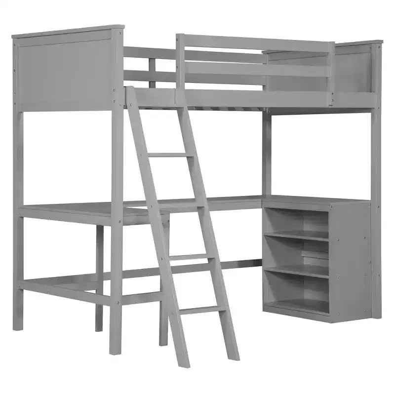 High Twin size Loft Bed with Desk, Wooden Loft Bed Frame with Storage Shelves