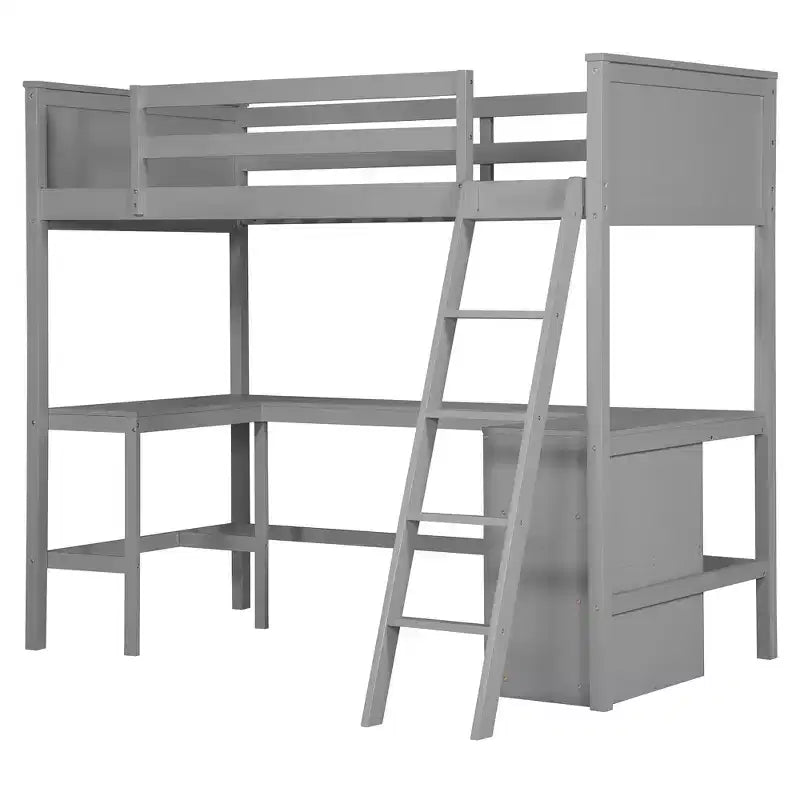 High Twin size Loft Bed with Desk, Wooden Loft Bed Frame with Storage Shelves