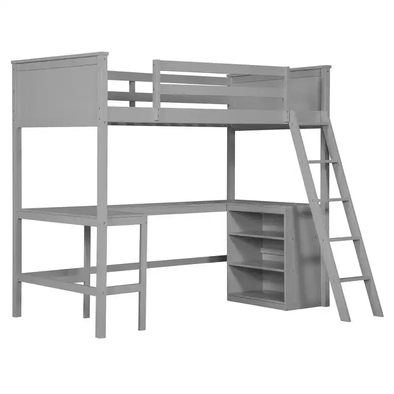 High Twin size Loft Bed with Desk, Wooden Loft Bed Frame with Storage Shelves