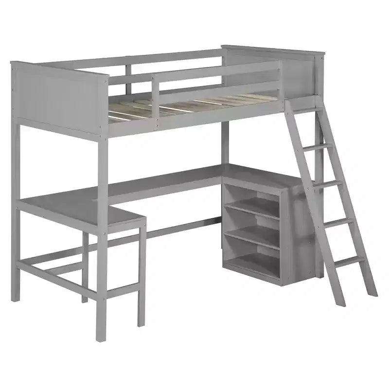 High Twin size Loft Bed with Desk, Wooden Loft Bed Frame with Storage Shelves