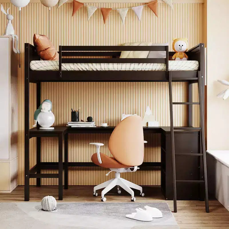 High Twin size Loft Bed with Desk, Wooden Loft Bed Frame with Storage Shelves
