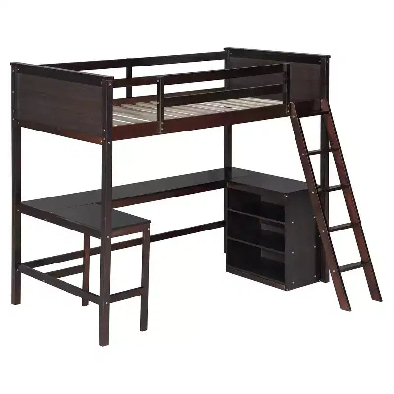 High Twin size Loft Bed with Desk, Wooden Loft Bed Frame with Storage Shelves