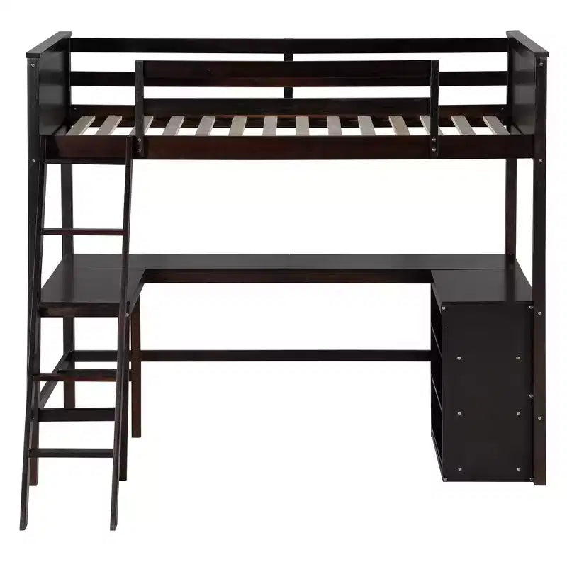High Twin size Loft Bed with Desk, Wooden Loft Bed Frame with Storage Shelves