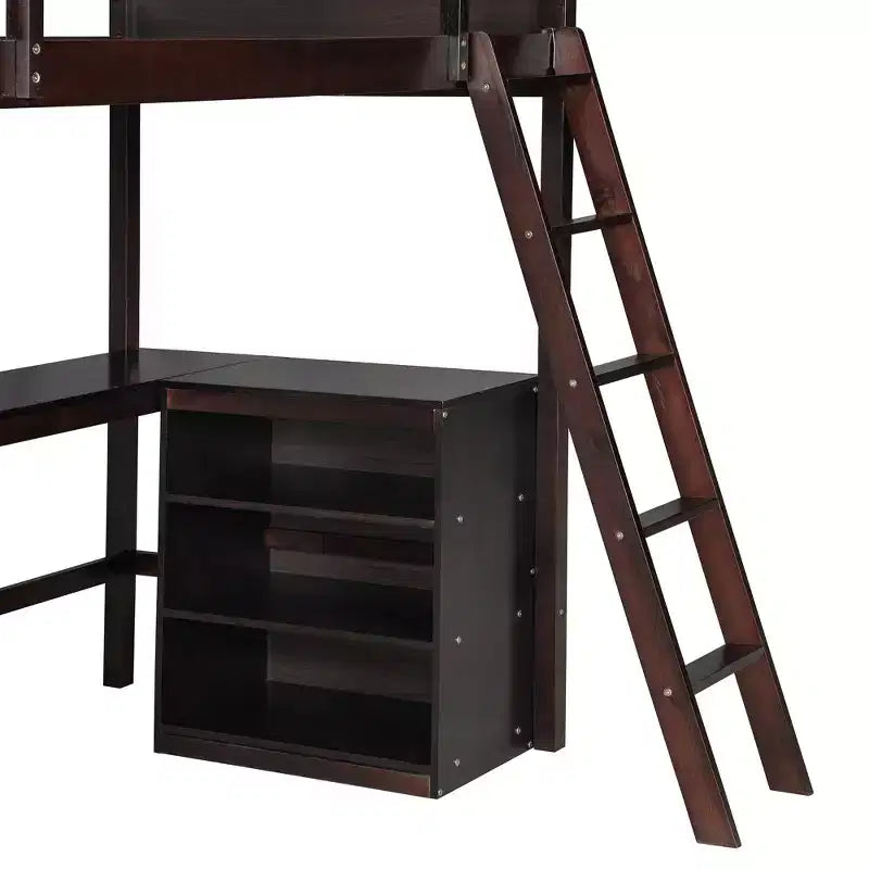 High Twin size Loft Bed with Desk, Wooden Loft Bed Frame with Storage Shelves