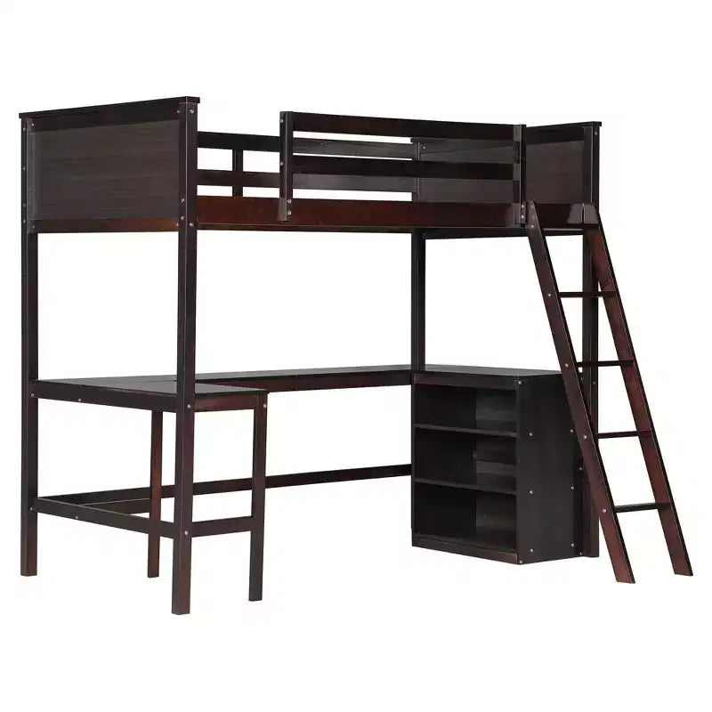 High Twin size Loft Bed with Desk, Wooden Loft Bed Frame with Storage Shelves