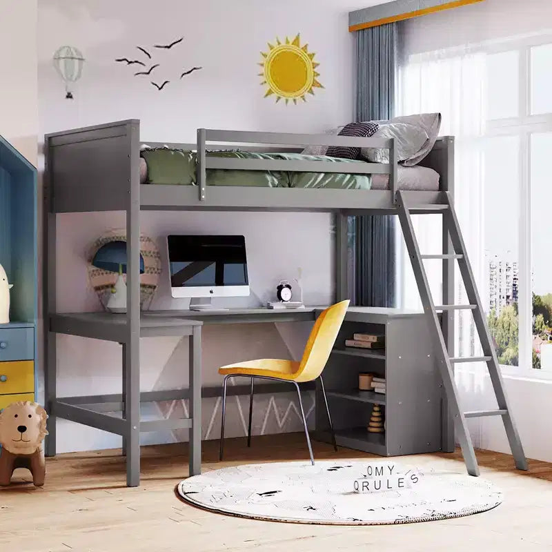 High Twin size Loft Bed with Desk, Wooden Loft Bed Frame with Storage Shelves