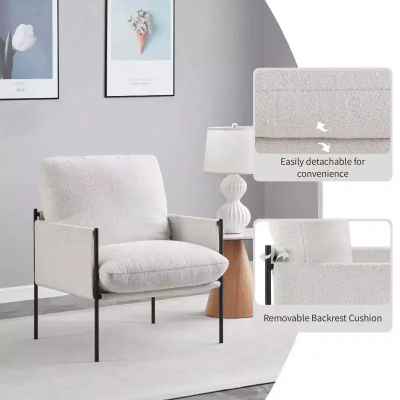 White Accent Chair w/ Wood Arms & Removable Cushion