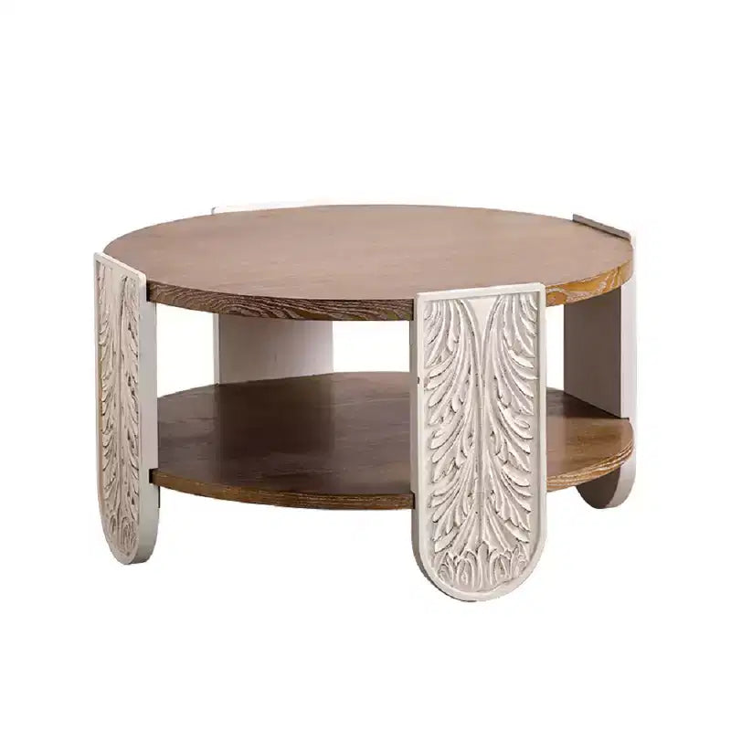 CLIHOME Carved Wooden Coffee Table, Retro End Table with Double-Layer Storage, Palace Style Bedside Table for Small Spaces