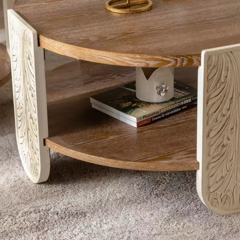 CLIHOME Carved Wooden Coffee Table, Retro End Table with Double-Layer Storage, Palace Style Bedside Table for Small Spaces