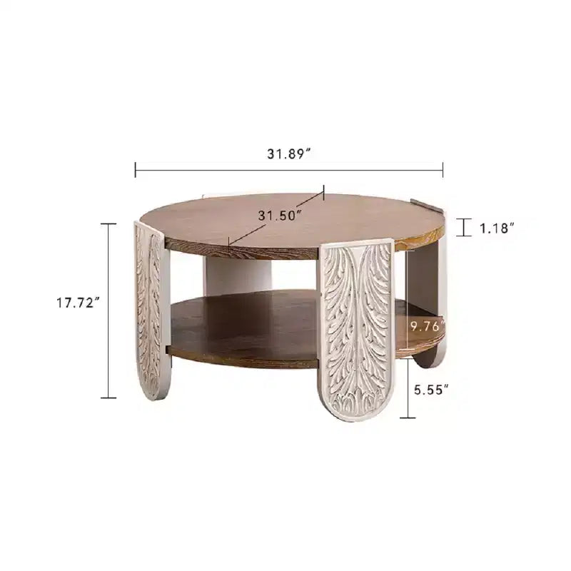 CLIHOME Carved Wooden Coffee Table, Retro End Table with Double-Layer Storage, Palace Style Bedside Table for Small Spaces