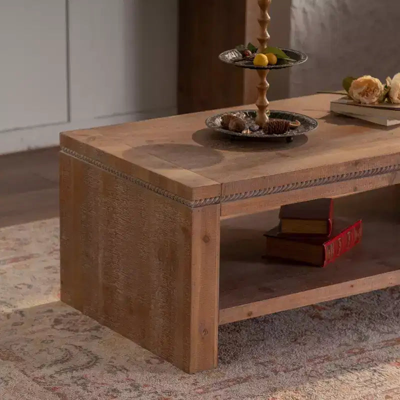 CLIHOME Rectangle Coffee Table with Solid Wood, Large 2-Tier Rustic Coffee Table with Storage Shelf, Office and Apartment