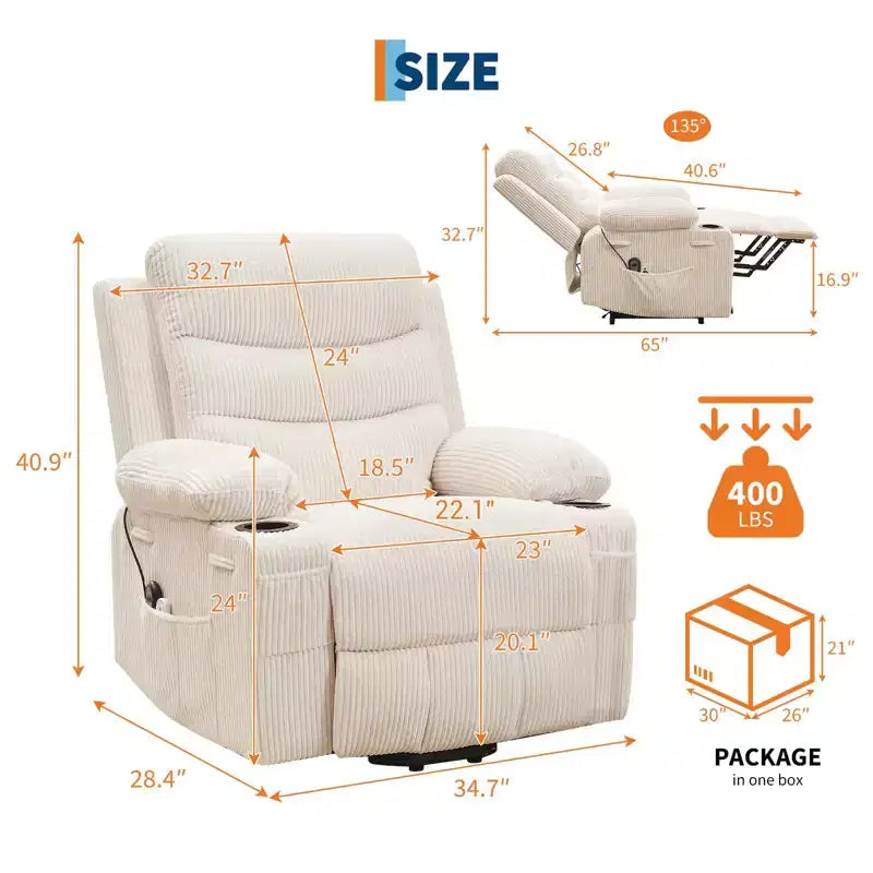 GustoWave Oversized Power Lift Recliner with Massage & Heat for Elderly, Big & Tall Reclining Chair, Single Lazy Boy Recliner Sofa