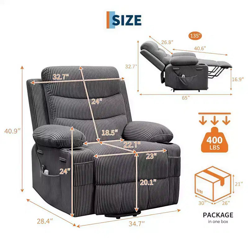 GustoWave Oversized Power Lift Recliner with Massage & Heat for Elderly, Big & Tall Reclining Chair, Single Lazy Boy Recliner Sofa