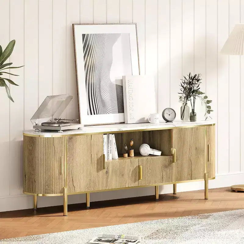 COZONY 70in Fluted TV Stand for TVs up to 80, Faux Marble Top Media Console with Sliding Doors