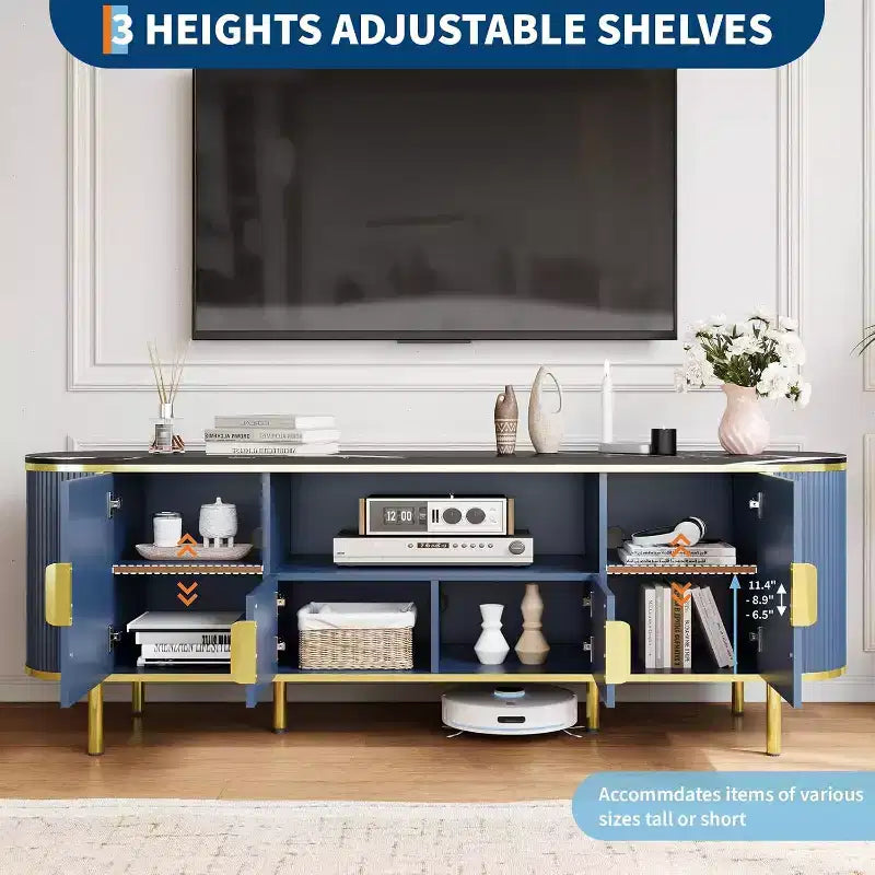 COZONY 70in Fluted TV Stand for TVs up to 80, Faux Marble Top Media Console with Sliding Doors