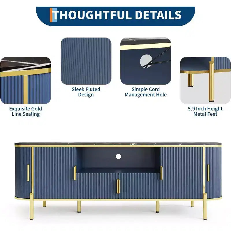 COZONY 70in Fluted TV Stand for TVs up to 80, Faux Marble Top Media Console with Sliding Doors