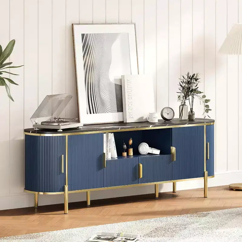 COZONY 70in Fluted TV Stand for TVs up to 80, Faux Marble Top Media Console with Sliding Doors
