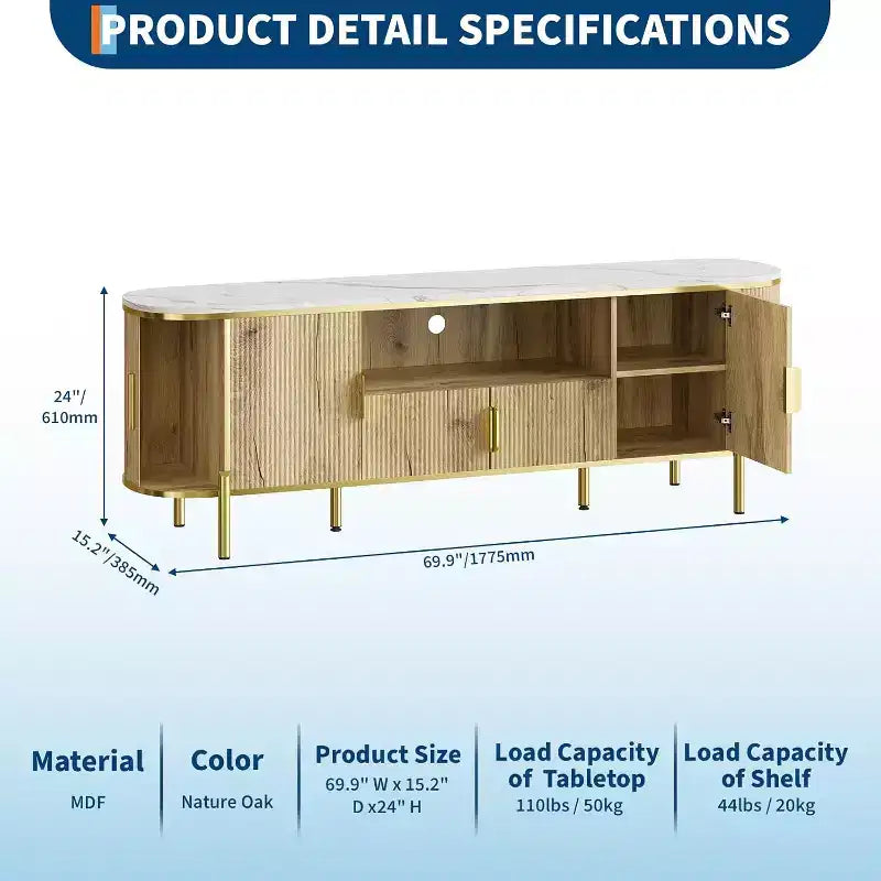 COZONY 70in Fluted TV Stand for TVs up to 80, Faux Marble Top Media Console with Sliding Doors